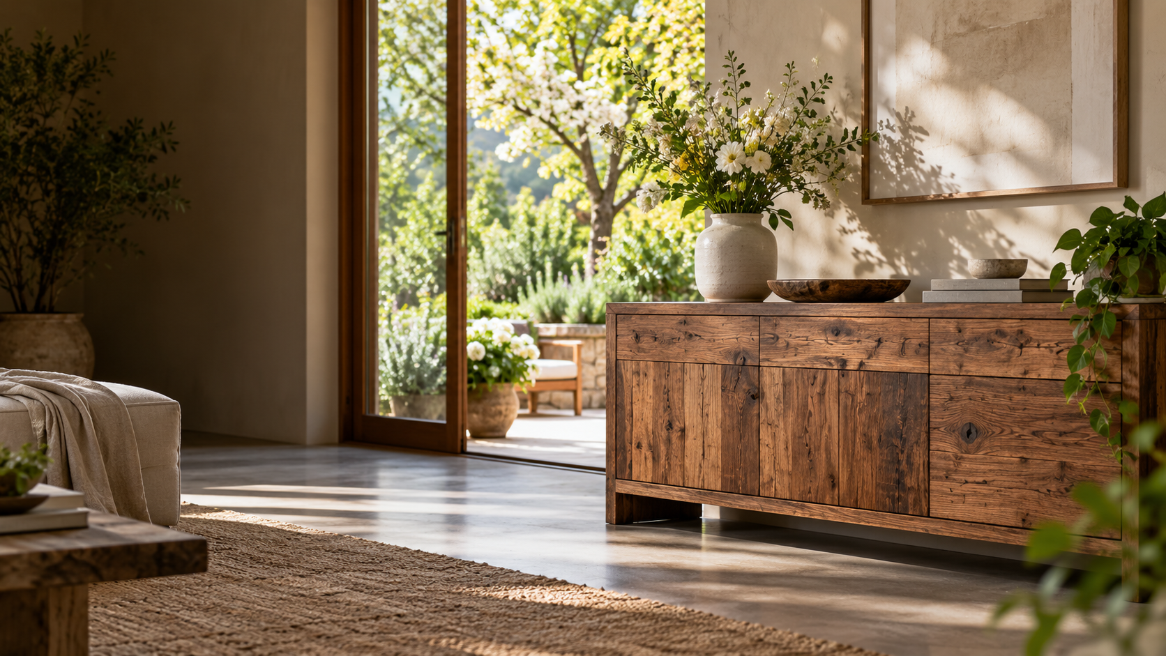 Mueble artesanal Taikkee ambientado en un hogar luminoso durante la primavera